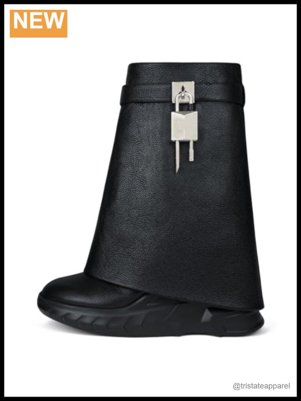 Faux Leather Padlock Wedge Ankle Boots Slip-On Round Toe Mid Calf Biker Boots